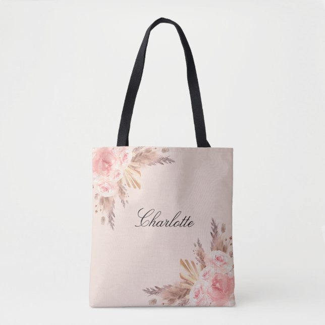 Tote Bag Fleurs d'herbe de pampa rose blush nom (Devant)