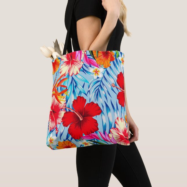 Tote Bag fleurs d'hibiscus bleu tropical (De près)