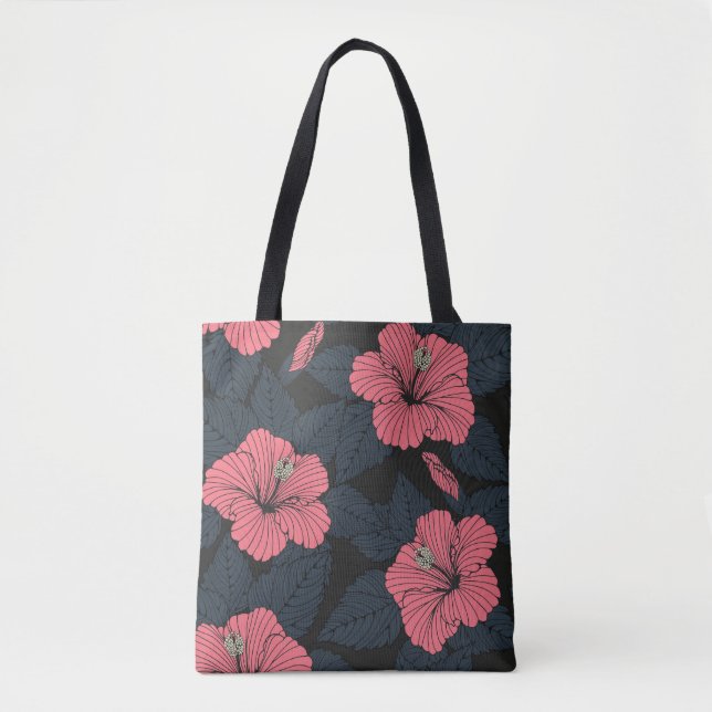Tote Bag Fleurs d'Hibiscus : papier peint transparent foncé (Devant)
