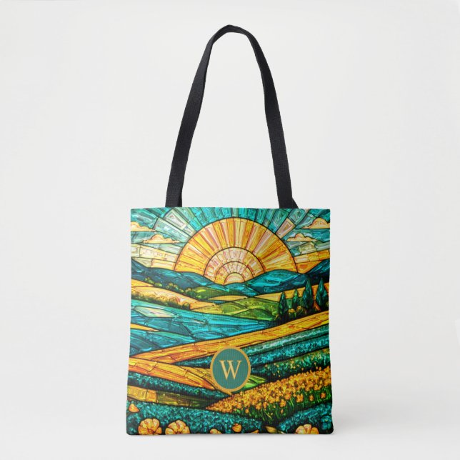 Tote Bag Fleurs dorées Campagne verte Faux vitrail  (Devant)