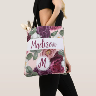 Tote Bag Fleurs Élégantes de Bourgogne Monogramme Initial T