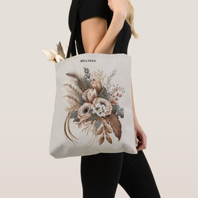 Tote Bag Fleurs Élégantes Feuillage et plumes (De près)