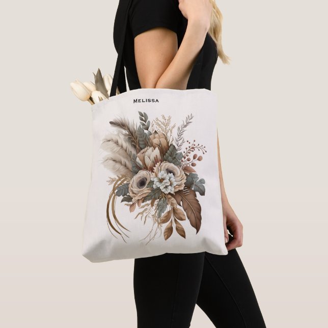 Tote Bag Fleurs Élégantes Feuillage et plumes (De près)