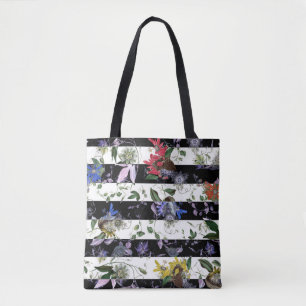 Tote Bag Fleurs élégantes sur les bandes noires et blanches