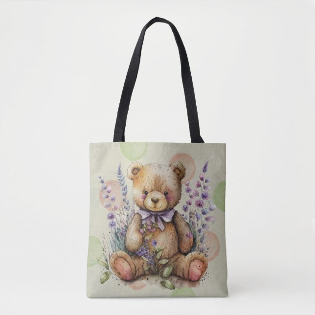 Tote Bag Fleurs Et À petits pois Brown De Lavande D'Ours En (Devant)