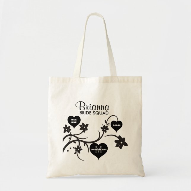 Tote Bag Fleurs et Coeurs noirs et blancs Mariage de l'équi (Devant)