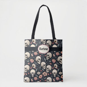 Tote Bag Fleurs et crânes roses poussiéreux