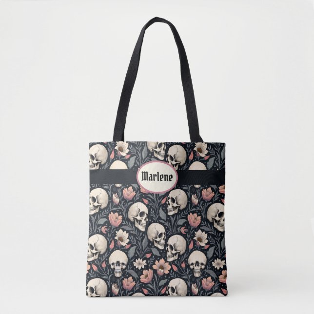 Tote Bag Fleurs et crânes roses poussiéreux (Devant)