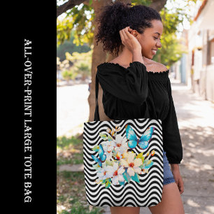 Tote Bag Fleurs et Papillon Black & White Wavy Stripes