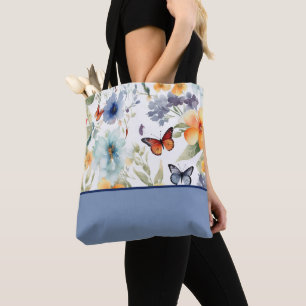 Tote Bag Fleurs et papillons aquarelles, Bloc de couleur