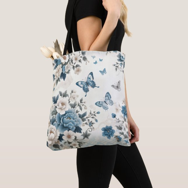 Tote Bag Fleurs et papillons Chinoiserie (De près)