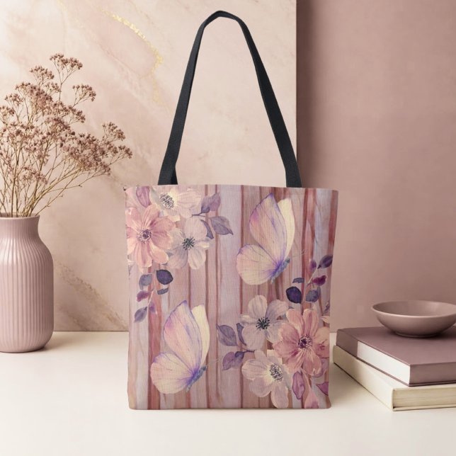 Tote Bag Fleurs et papillons en bois rustique  (Créateur téléchargé)