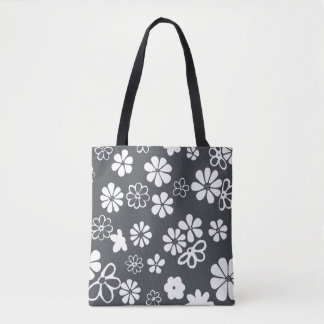 Tote Bag Fleurs et papillons Gris et blanc