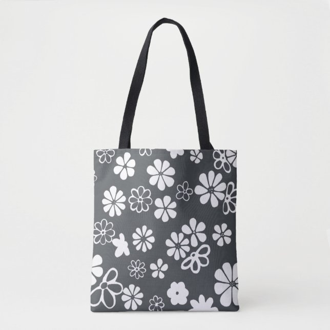 Tote Bag Fleurs et papillons Gris et blanc (Devant)