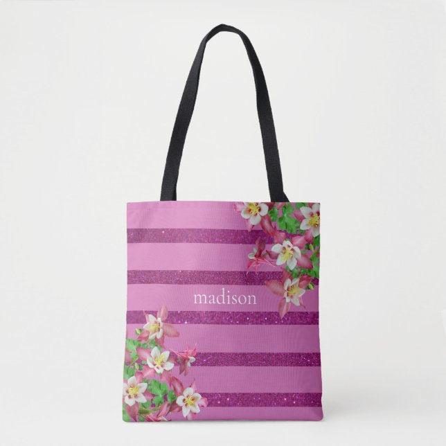 Tote Bag Fleurs et rayures roses Personnalisées (Devant)