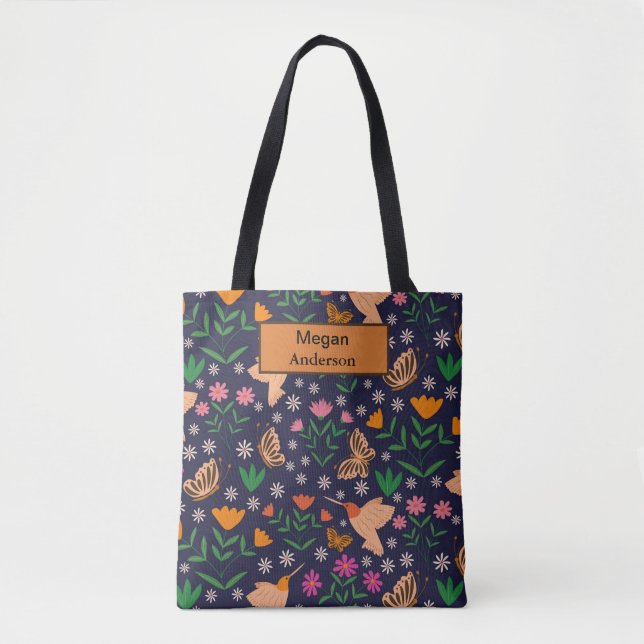 Tote Bag Fleurs fantaisistes oiseaux et papillons monogramm (Devant)