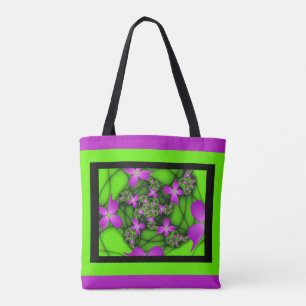 Tote Bag Fleurs fractales abstraites modernes néon rose ver