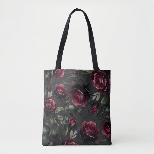Tote Bag Fleurs grises ombrées de roses rouges de Bordeaux  (Devant)