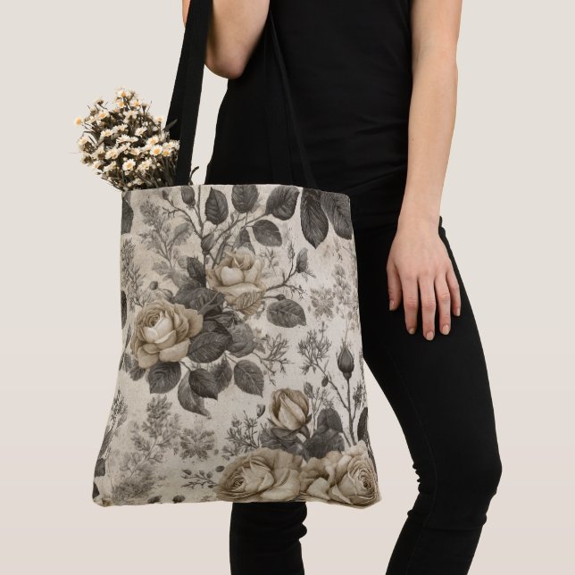 Tote Bag Fleurs grises vintage (De près)