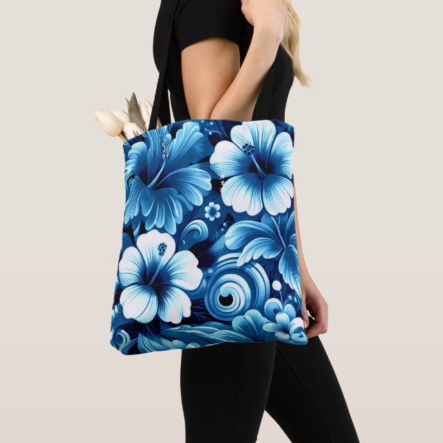 Tote Bag Fleurs hawaïennes tropicales Hibiscus Motif bleu (De près)