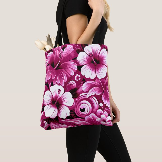 Tote Bag Fleurs hawaïennes tropicales Hibiscus Motif rose (De près)