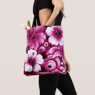 Tote Bag Fleurs hawaïennes tropicales Hibiscus rose blanc
