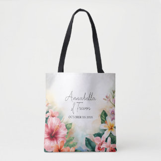 Tote Bag Fleurs Hawaïennes Tropicales Mariage Nom Personnal