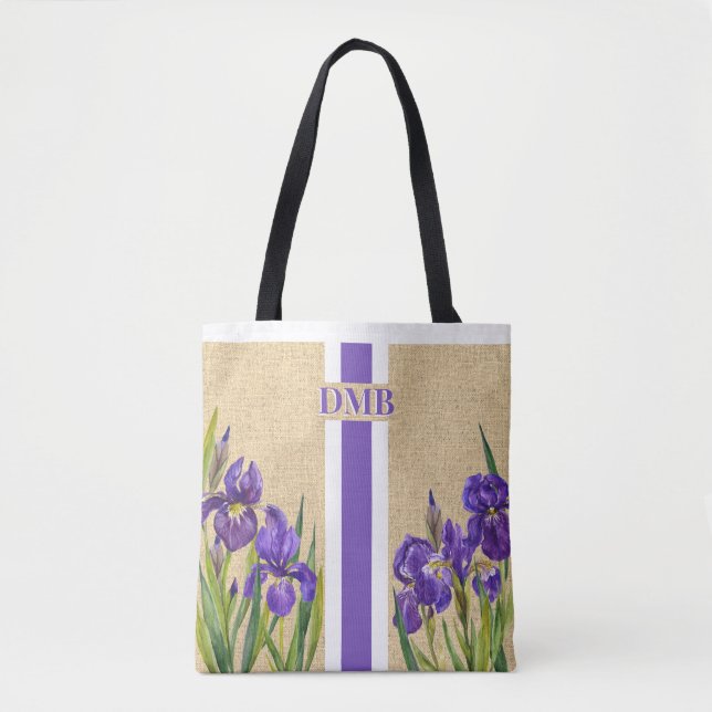 Tote Bag Fleurs Iris Violet Monogramme Faux Burlap Jute (Devant)