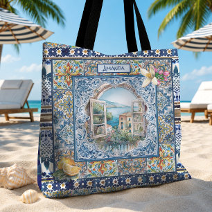 Tote Bag fleurs italiennes d'été carreaux bleus citron mono