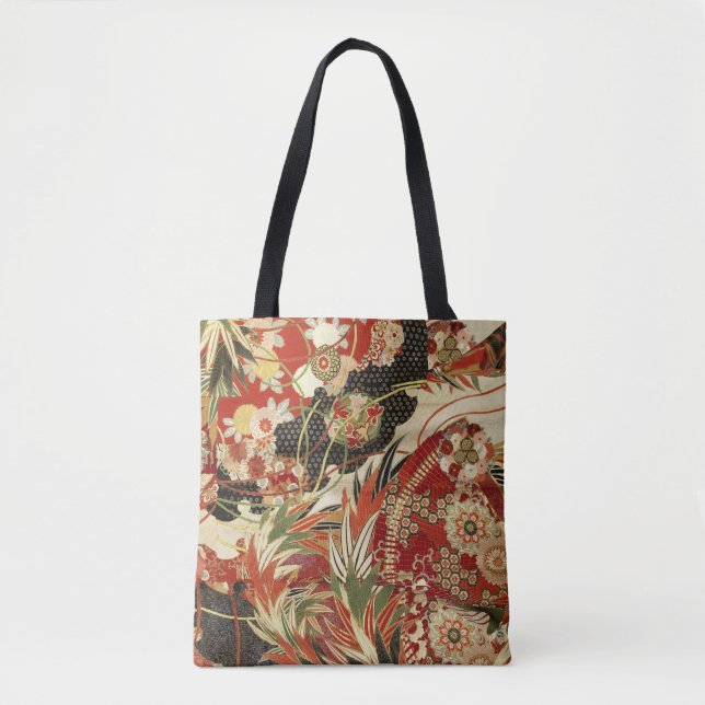 Tote Bag FLEURS JAPONAISES ANCIENNES Rouge Vert Noir Floral (Devant)
