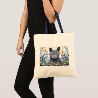 Tote Bag Fleurs Jaunes Chat Bleu Russe