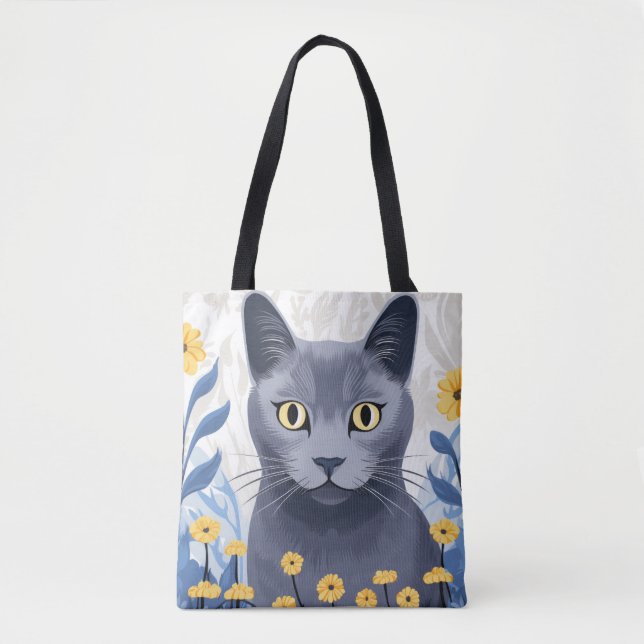 Tote Bag Fleurs Jaunes Chat Bleu Russe (Devant)