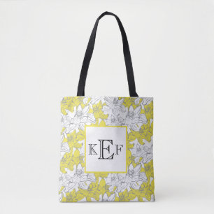 Tote Bag Fleurs jaunes et grises blanches avec monogramme