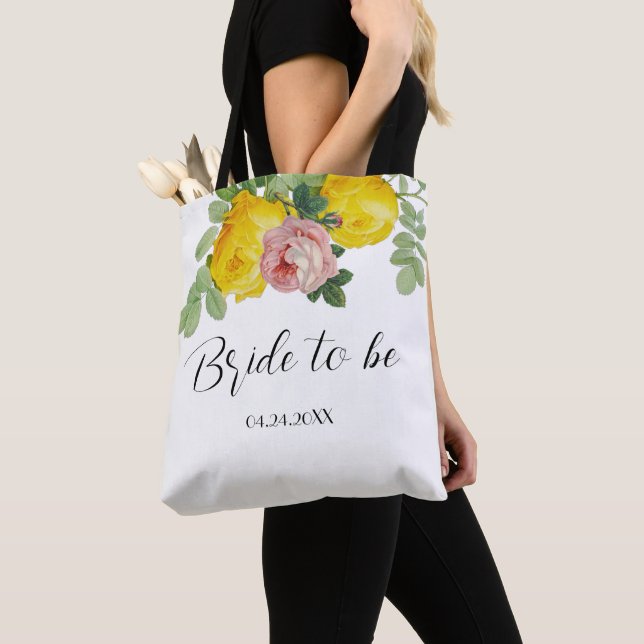 Tote Bag Fleurs Jaunes et Roses Mariée à Venir  (De près)