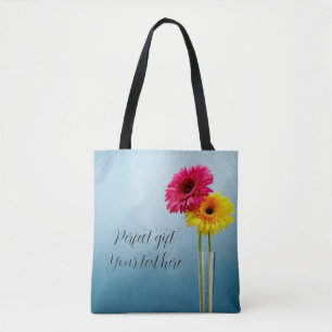 Tote Bag fleurs jaunes et rouges sur le bleu pour cette fou
