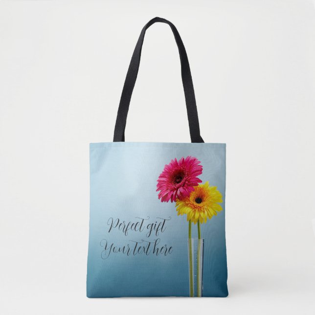 Tote Bag fleurs jaunes et rouges sur le bleu pour cette fou (Devant)