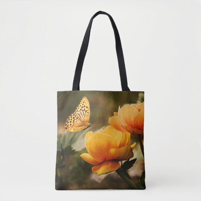 Tote Bag Fleurs Jaunes Profondes et Lumineuses avec Papillo (Devant)