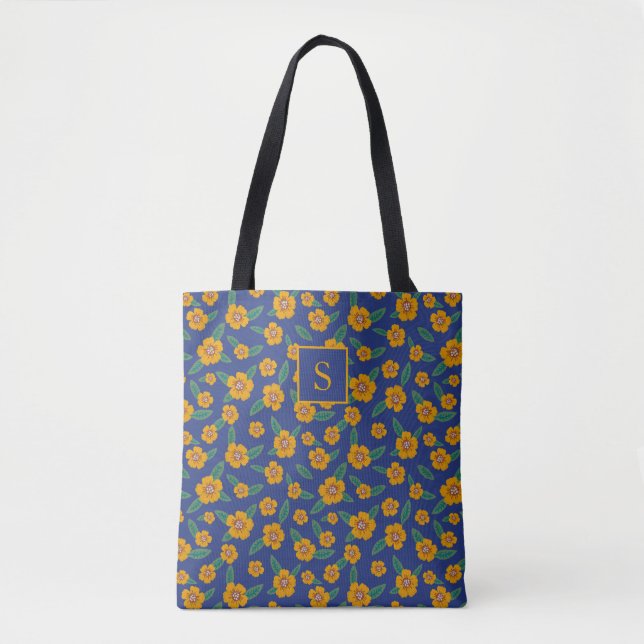 Tote Bag Fleurs Jaunes Rétro Motif Monogram Navy (Devant)