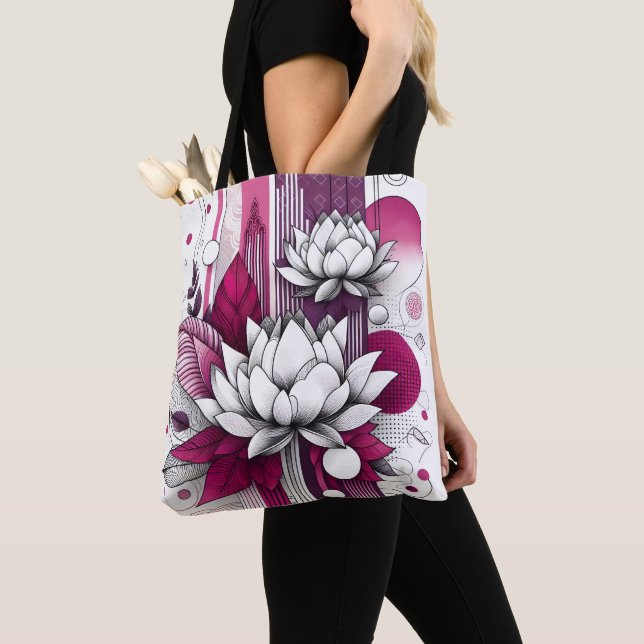 Tote Bag Fleurs Lotus en Magenta noir & blanc (De près)