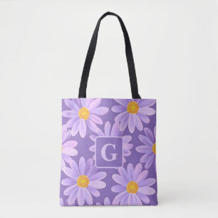 Tote Bag fleurs marguerites violettes monogramme personnali