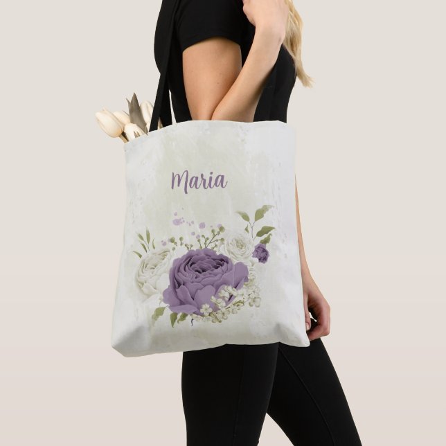 Tote Bag fleurs mauves et blanches (De près)