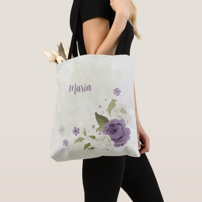 Tote Bag fleurs mauves et blanches (De près)