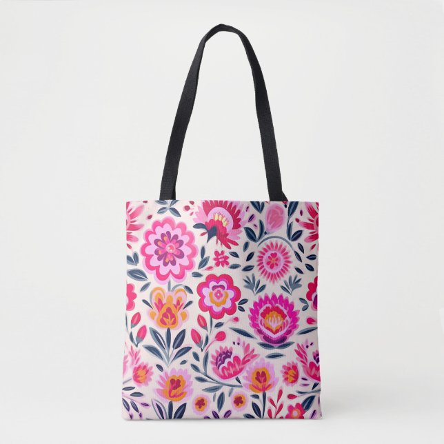 Tote Bag Fleurs Mexicaines Rose Chaud Motif Floral Chic (Devant)