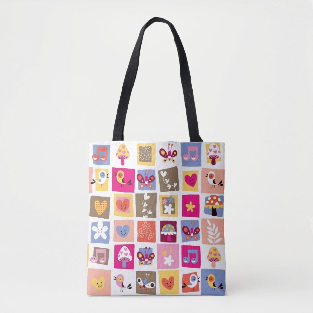 Tote Bag fleurs mignonnes, oiseaux, motif de carrés de (Devant)