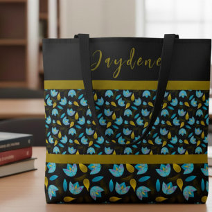 Tote Bag Fleurs modernes personnalisées bleu noir or