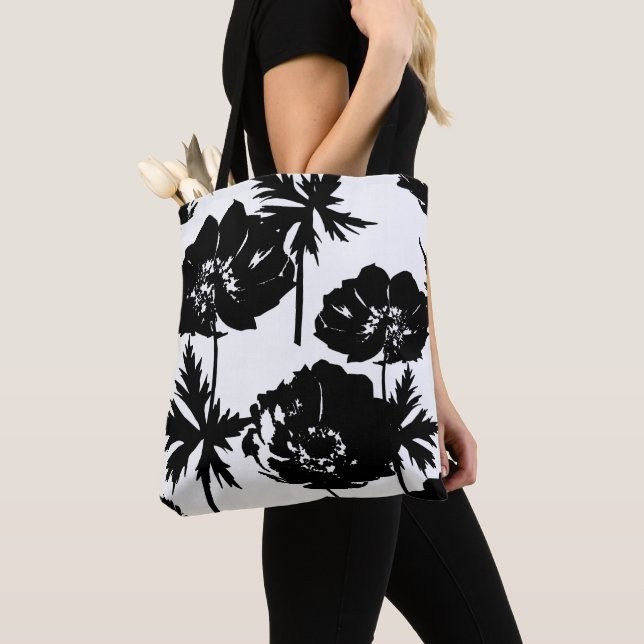 Tote Bag Fleurs noires, blanc, Monochrome (De près)