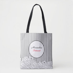 Tote Bag Fleurs noires et blanches avec des rayures Demoise