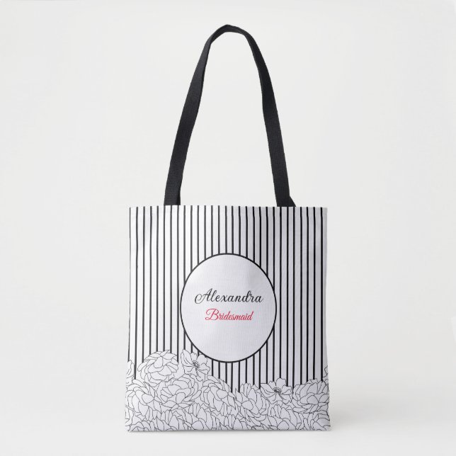 Tote Bag Fleurs noires et blanches avec des rayures Demoise (Devant)