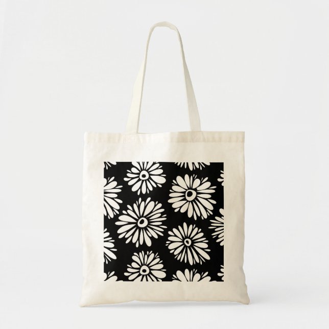 Tote Bag Fleurs noires et blanches funky (Devant)