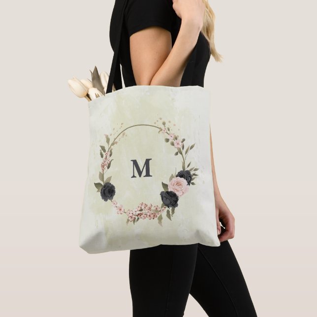 Tote Bag fleurs noires rose (De près)